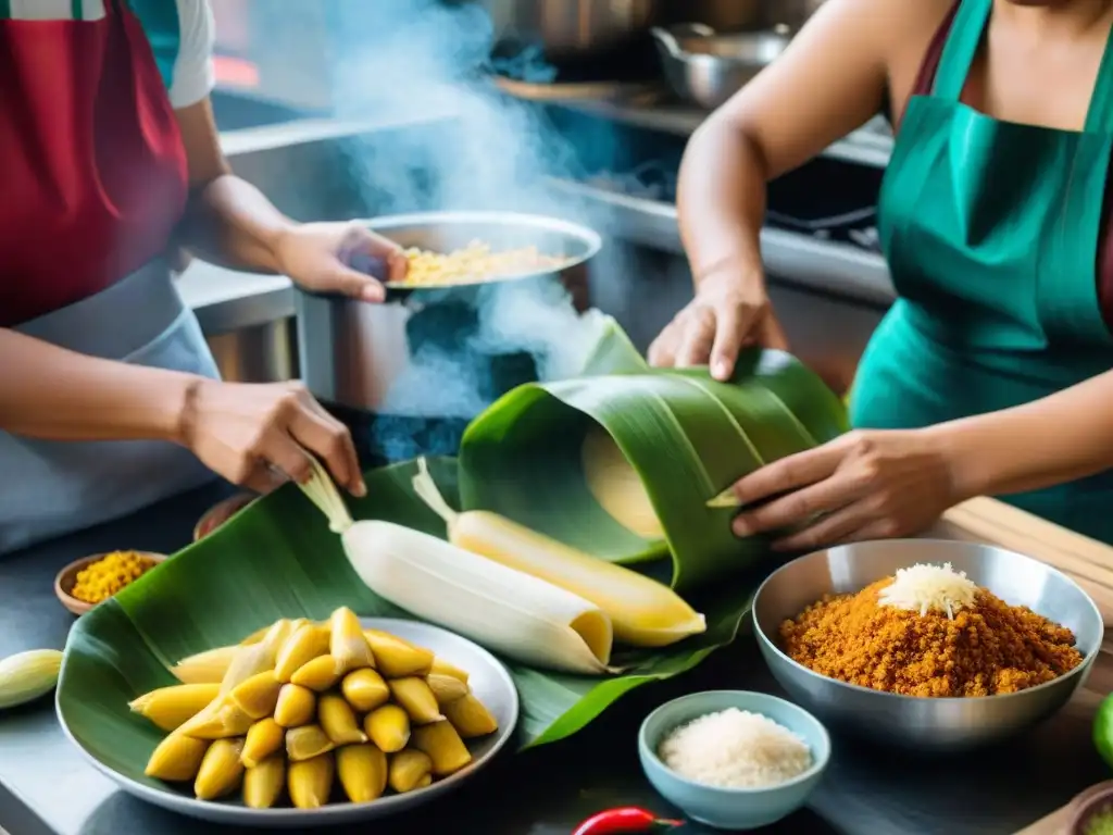 Un grupo de cocineros expertos preparando tamales en una cocina peruana tradicional