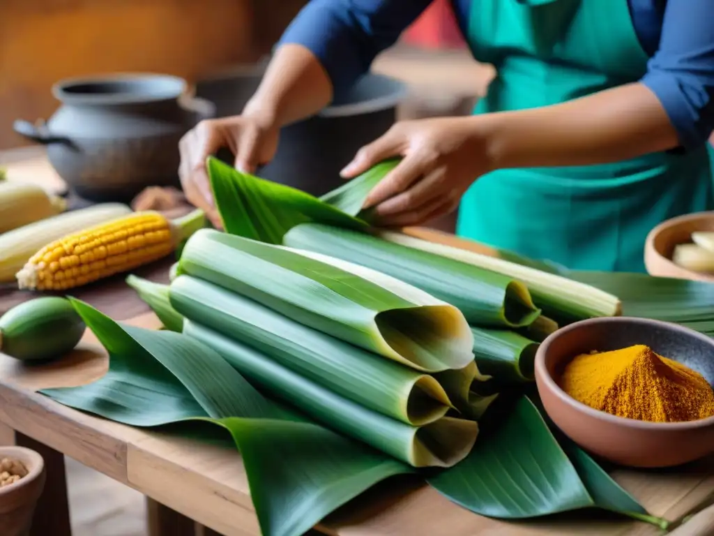 Un grupo de cocineros expertos elaborando tamales peruanos tradicionales en una cocina cálida y acogedora