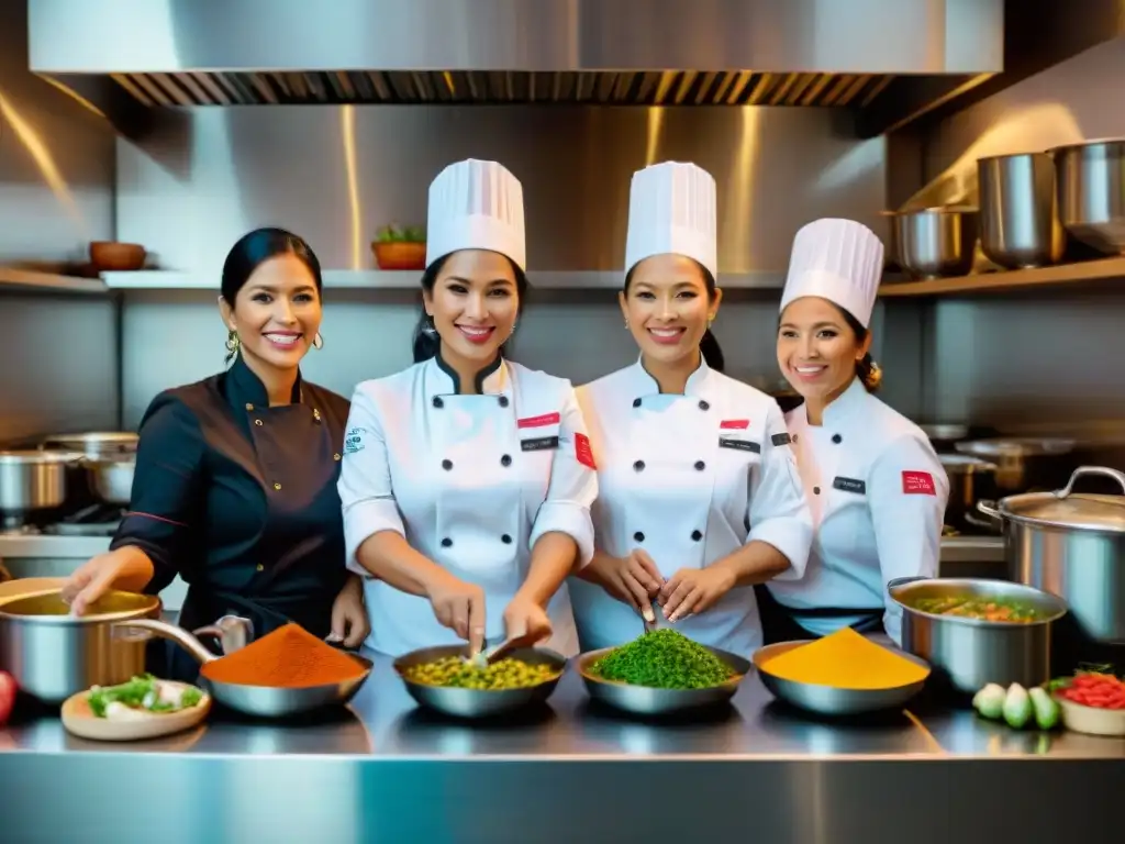 Grupo diverso de chef mujeres exitosas en Perú, rompiendo barreras con pasión en cocina tradicional con toque moderno