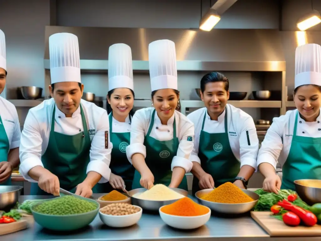 Un grupo diverso de chefs y estudiantes de cocina colaboran en una cocina bulliciosa en Perú, reflejando iniciativas de gastronomía inclusiva