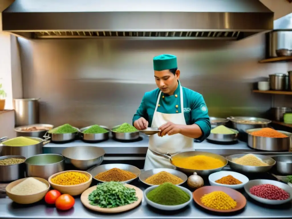 Un grupo diverso de chefs peruanos trabajando juntos en una cocina vibrante, practicando el reciclaje en la cocina peruana