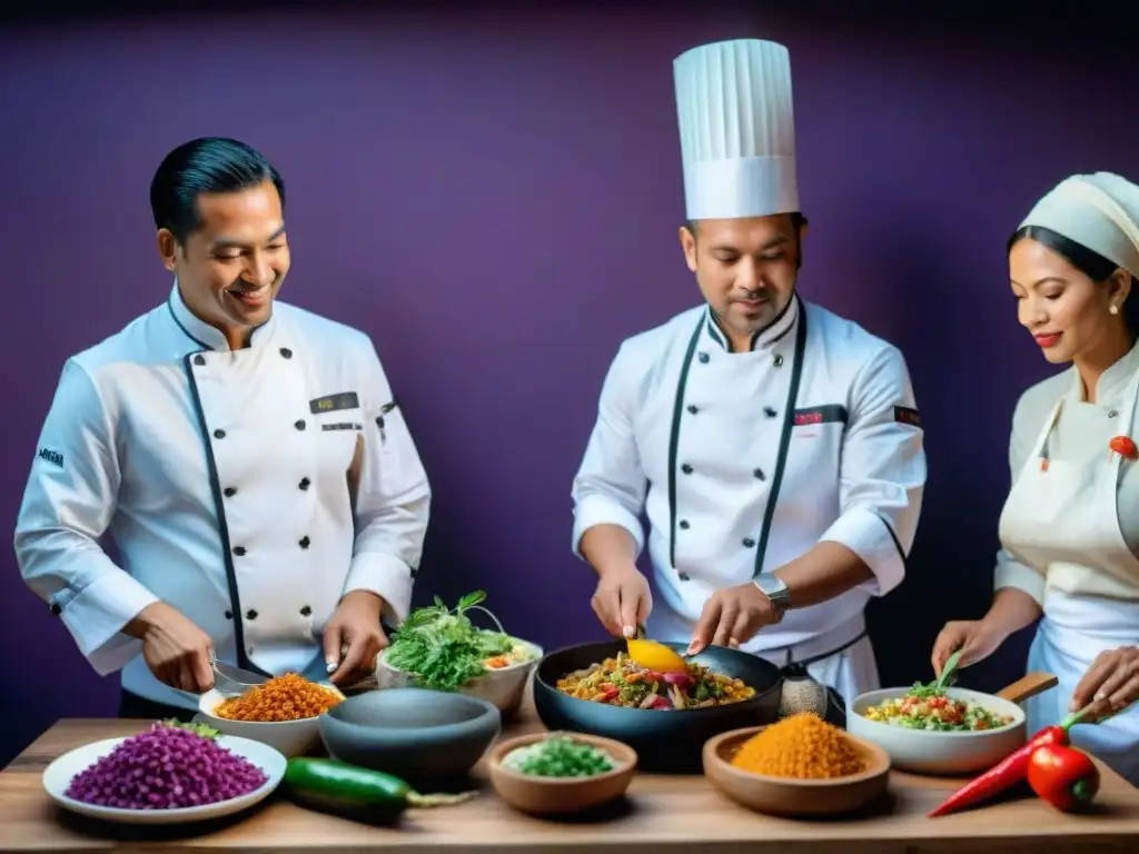 Un grupo diverso de chefs peruanos en trajes tradicionales preparando platos icónicos rodeados de ingredientes vibrantes