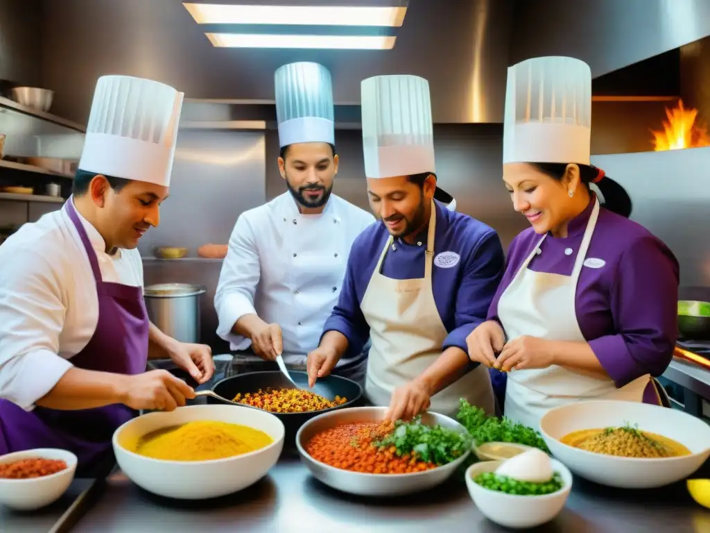 Un grupo diverso de chefs prepara platos peruanos en una cocina bulliciosa, demostrando la inclusión social en la gastronomía del Perú