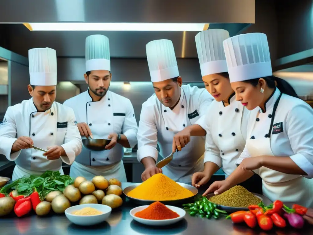 Un grupo diverso de chefs preparando platos peruanos con innovación y pasión