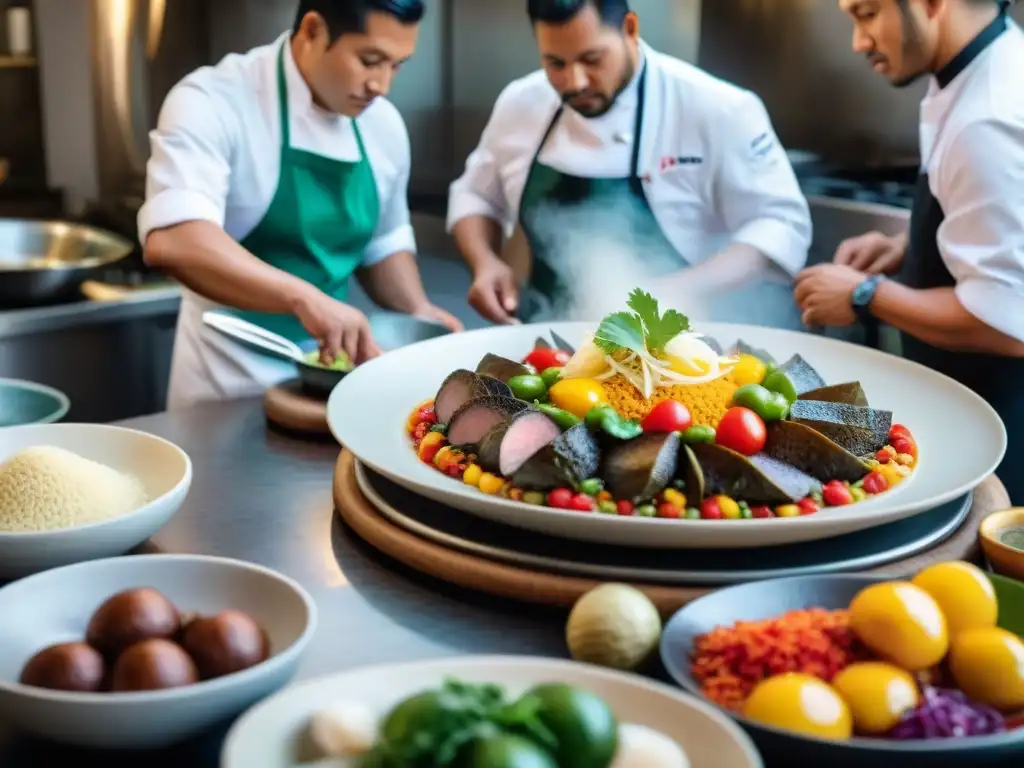 Un grupo diverso de chefs prepara platos peruanos en una cocina bulliciosa, destacando la inclusión en la gastronomía peruana