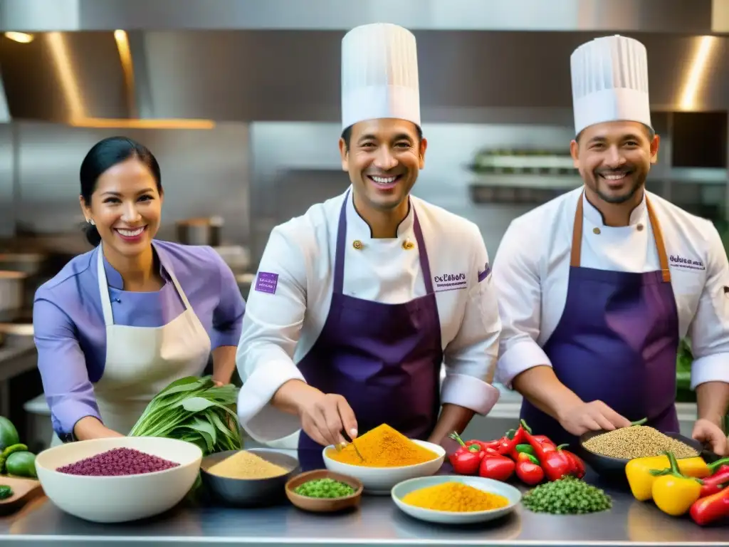 Un grupo diverso de chefs preparando platos peruanos con ingredientes autóctonos en una cocina vibrante