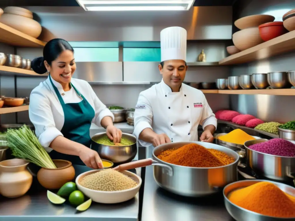 Un grupo diverso de chefs prepara platos peruanos en una cocina vibrante