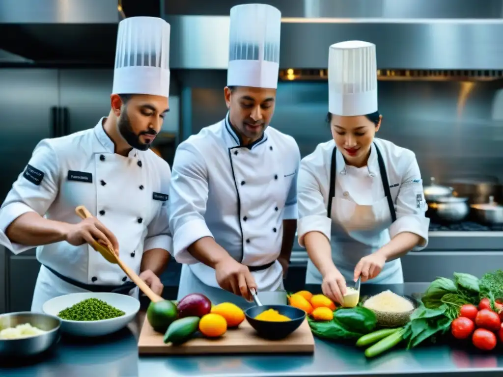 Un grupo diverso de chefs preparando platos con cocona, mostrando creatividad y fusión cultural en la cocina