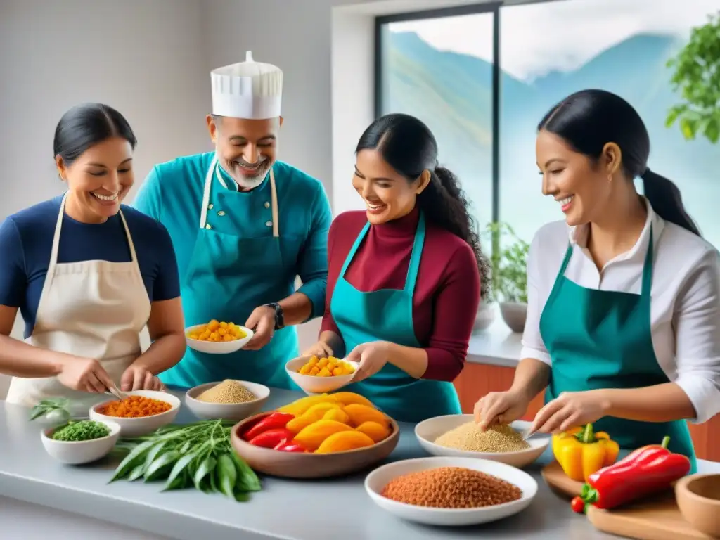 Un grupo diverso disfruta una clase de cocina peruana saludable para diabéticos