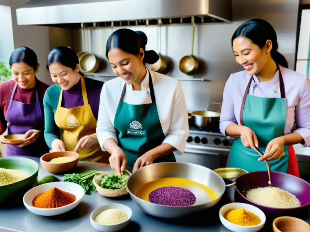 Grupo diverso en clase de cocina peruana con ingredientes autóctonos