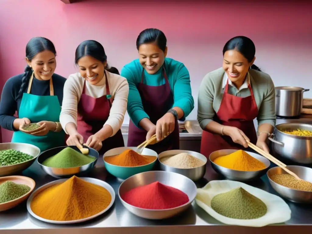 Un grupo diverso en una cocina peruana, cocinando juntos platos tradicionales