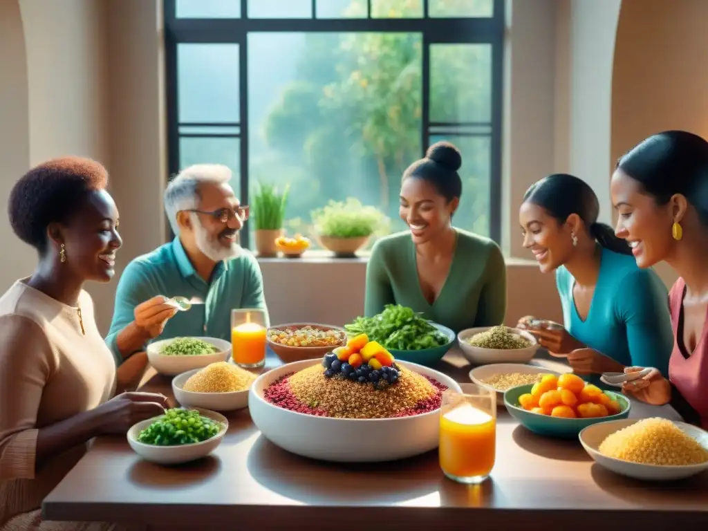 Grupo diverso disfrutando comida con quinua, expresando unión y salud