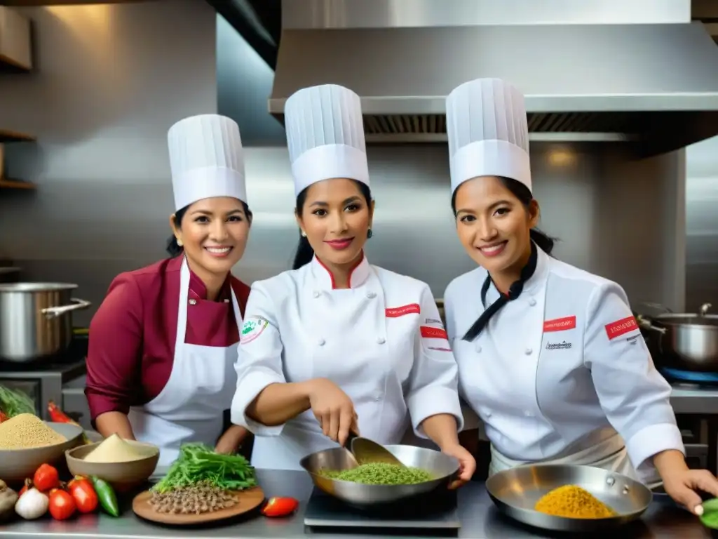 Un grupo diverso de exitosas chef mujeres peruanas trabajando juntas con determinación en una cocina moderna llena de ingredientes tradicionales