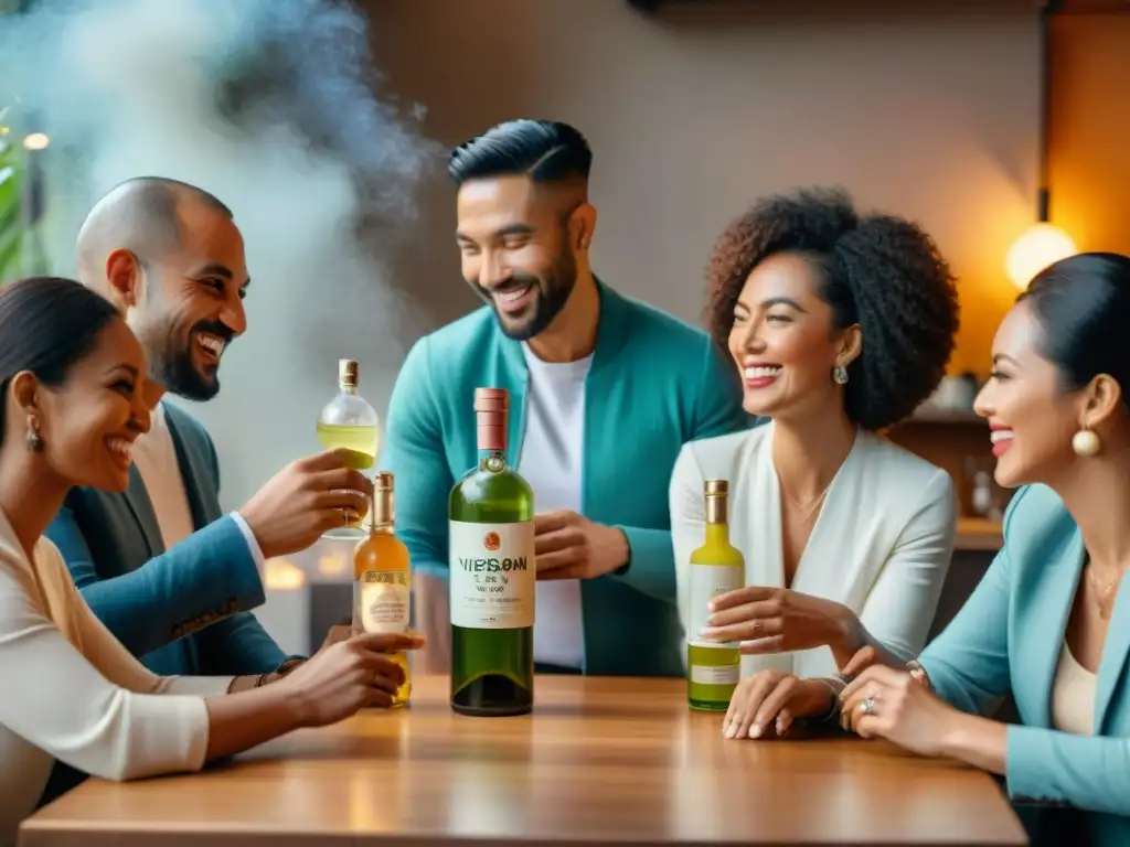 Un grupo diverso y feliz comparte en un bar moderno, destacando las Opciones veganas de Pisco Perú