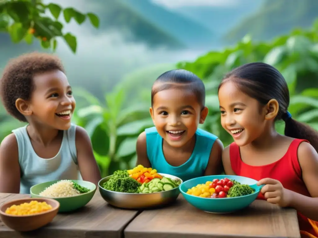 Un grupo diverso de niños disfruta de una comida nutritiva con ají al aire libre