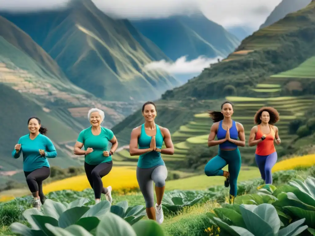 Un grupo diverso practica yoga, running y pesas en la naturaleza, resaltando los beneficios supergranos andinos para control peso