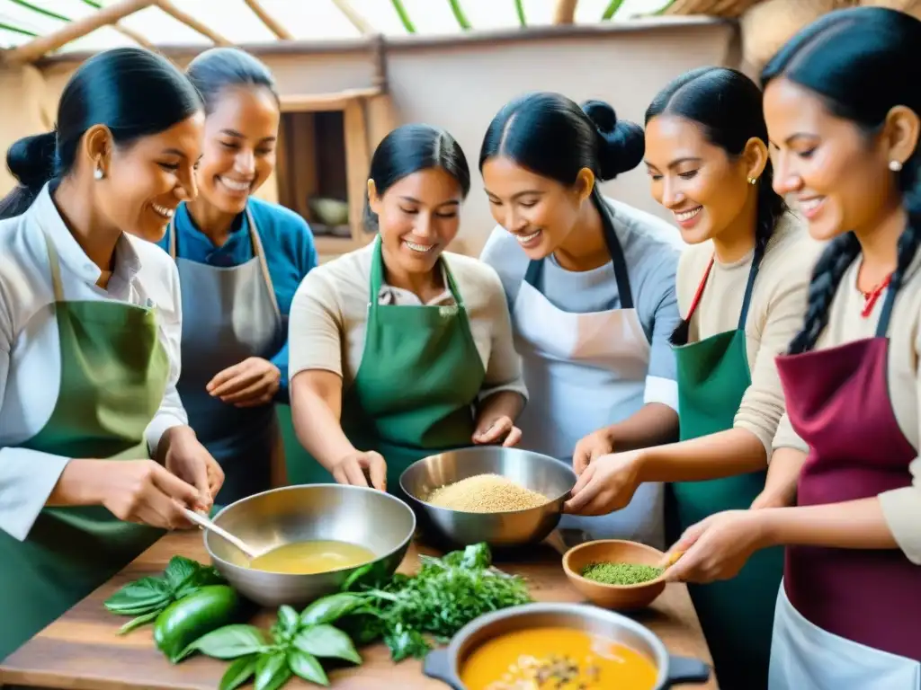 Un grupo de estudiantes entusiastas en una cocina sostenible en Perú, rodeados de ingredientes frescos, aprendiendo de su instructor