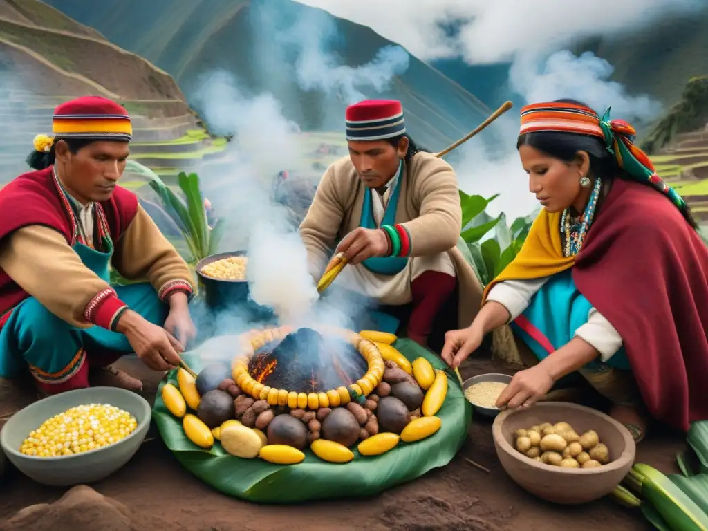 Un grupo de hombres y mujeres peruanos preparando Pachamanca, resaltando su significado y tradición culinaria