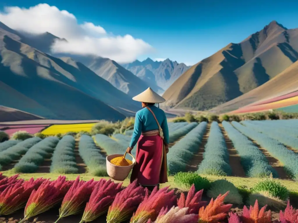 Grupo indígena andino cosechando quinoa en los majestuosos Andes, transmitiendo riqueza cultural y beneficios para la salud ósea