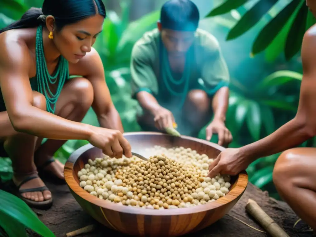 Un grupo de indígenas amazónicos preparando masato de yuca en comunidad, resaltando los beneficios del masato amazónico