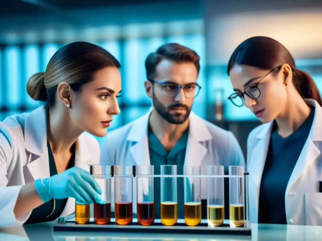 Un grupo de investigadores en un laboratorio examinando tubos de ensayo y equipamiento científico sobre beneficios del consumo moderado de Pisco