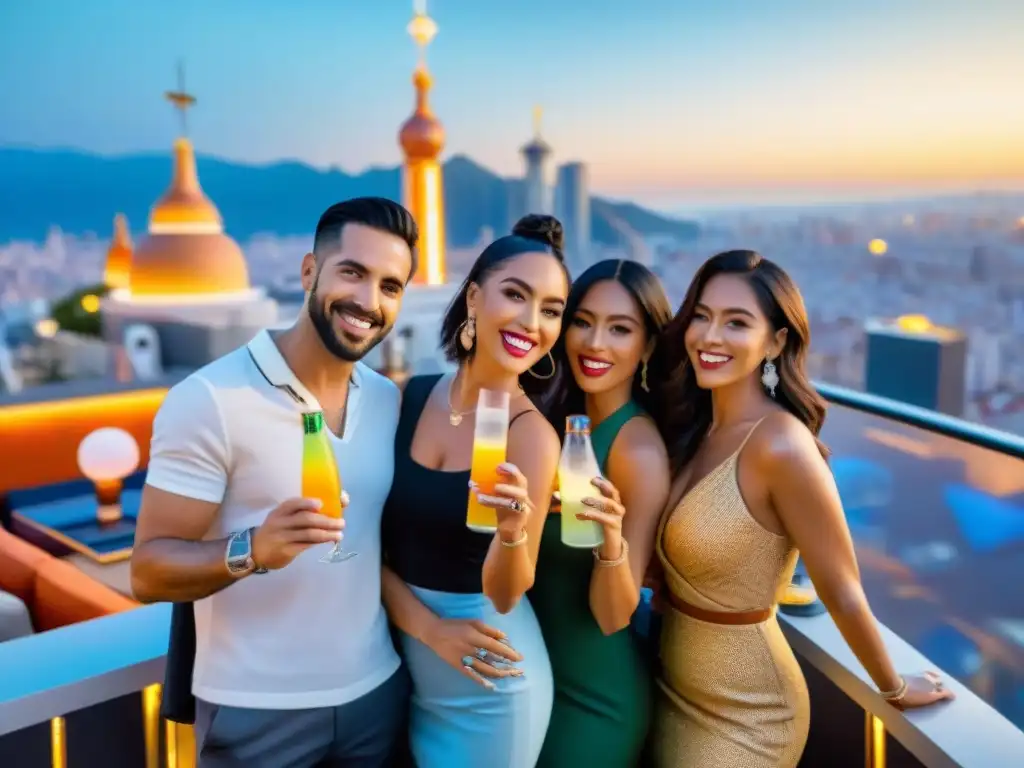 Grupo joven en bar rooftop con cócteles de pisco, ciudad iluminada y selfie influencer, reflejando la popularidad del pisco en redes