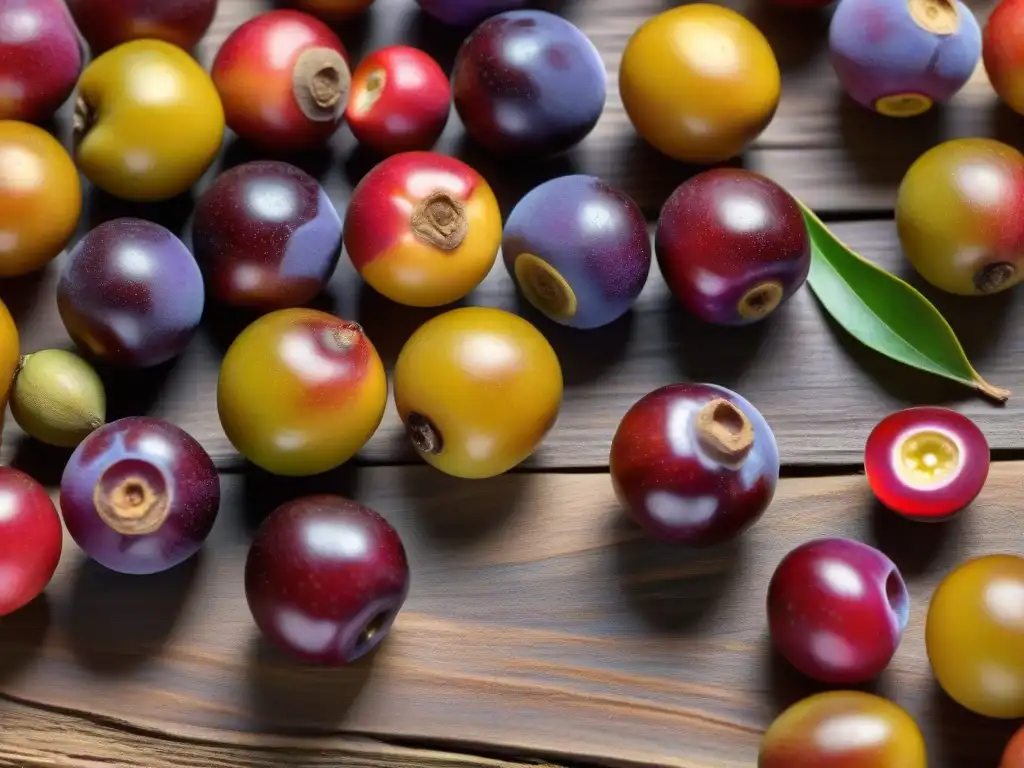 Un grupo de jugosas bayas de camu camu en una superficie de madera rústica, resaltando su color y frescura