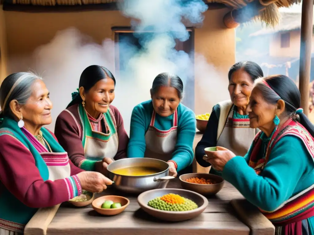 Un grupo de mujeres ancianas en vestimenta andina preparando recetas tradicionales en una cocina acogedora de comunidad rural en Perú