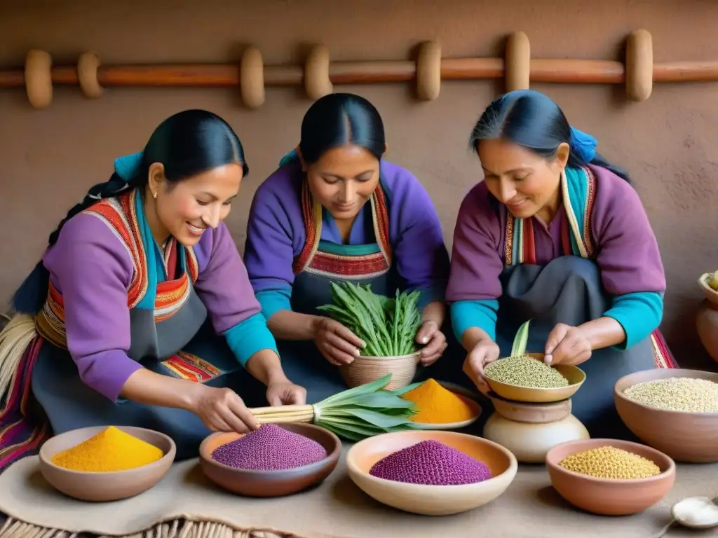 Un grupo de mujeres andinas conserva alimentos con coloridas llicllas, destacando la tradición de la conservación andina