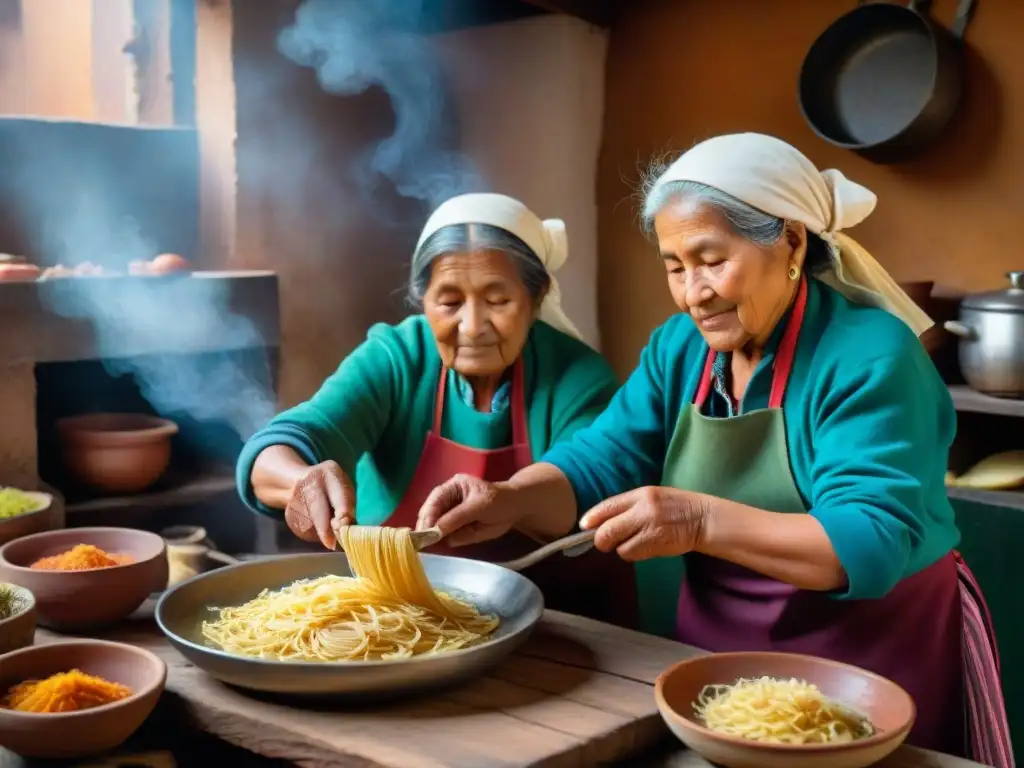 Grupo de mujeres Andinas mayores preparando pasta a mano para sopa seca plato norteño