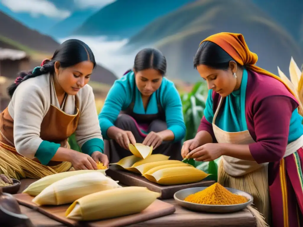 Grupo de mujeres andinas elaborando tamales tradicionales rodeadas de ingredientes, en las montañas