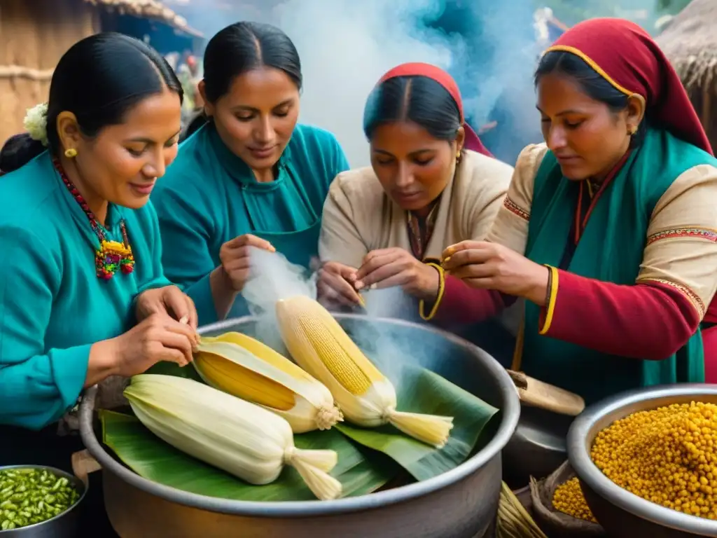 Grupo de mujeres andinas preparando tamales en olla grande, transmitiendo origen y receta de tamales andinos