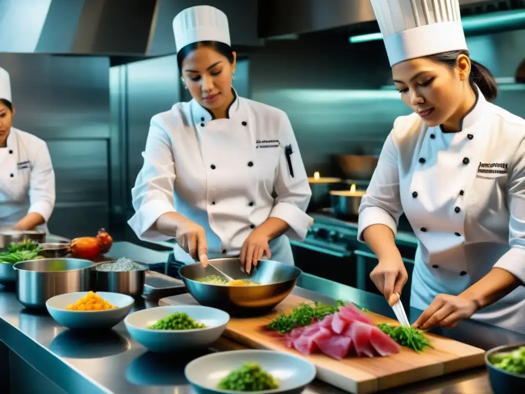 Un grupo de mujeres chefs en una cocina peruana moderna, mostrando intensidad y destreza en sus tareas culinarias