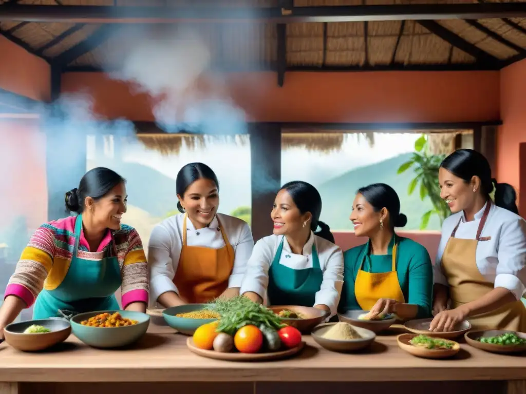 Un grupo de mujeres chefs peruanas en atuendos tradicionales, preparando platos innovadores en una cocina vibrante