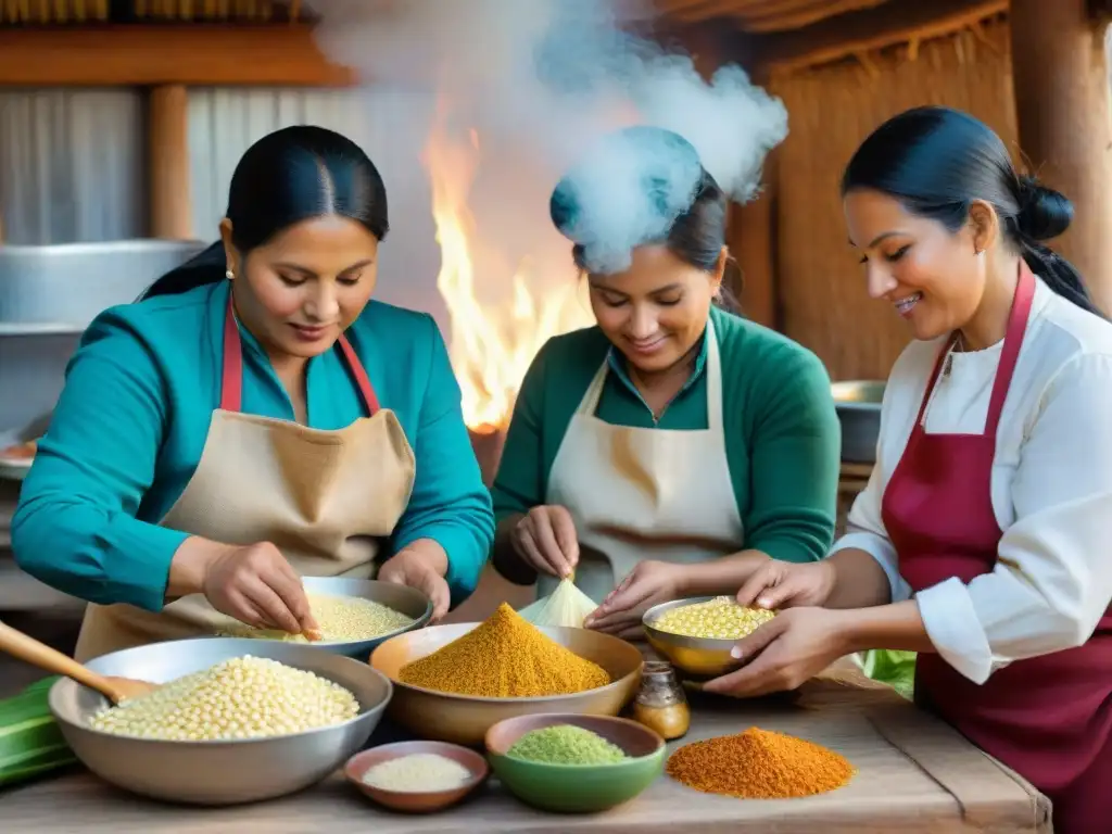 Un grupo de mujeres en una cocina tradicional peruana preparando tamales, capturando la riqueza cultural y la receta tradicional del tamal peruano