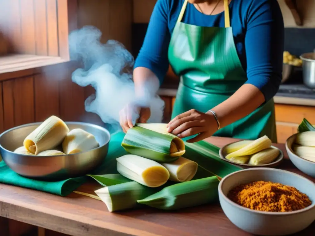 Un grupo de mujeres expertas preparando tamales en una cocina peruana tradicional