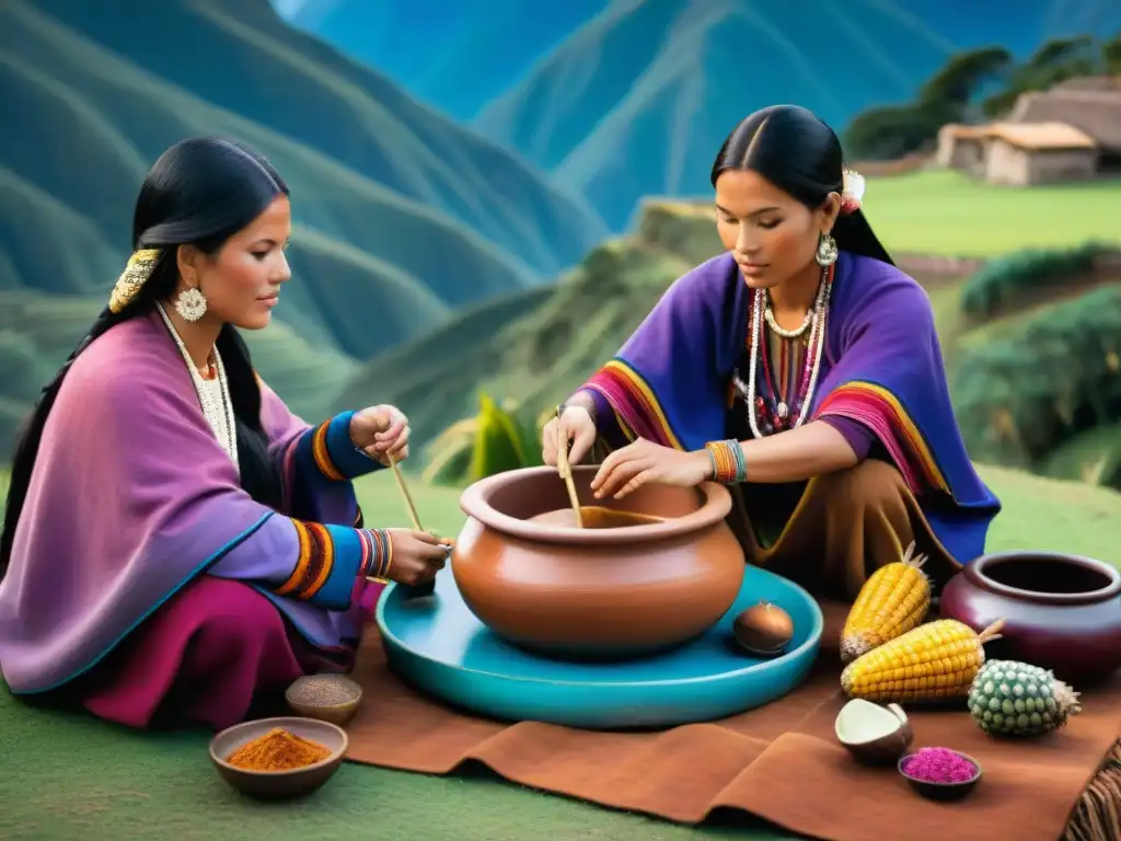 Un grupo de mujeres incas preparando chicha morada en grandes ollas de barro, rodeadas de ingredientes como maíz morado y piñas