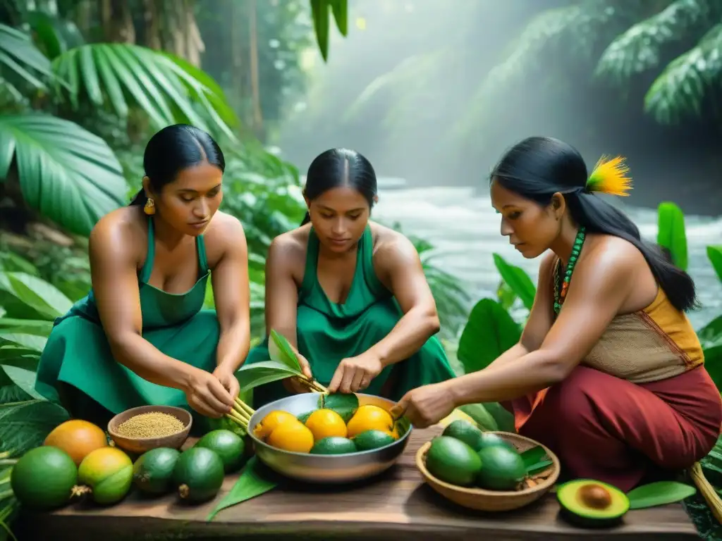 Un grupo de mujeres indígenas amazónicas prepara un plato tradicional con ingredientes de la selva