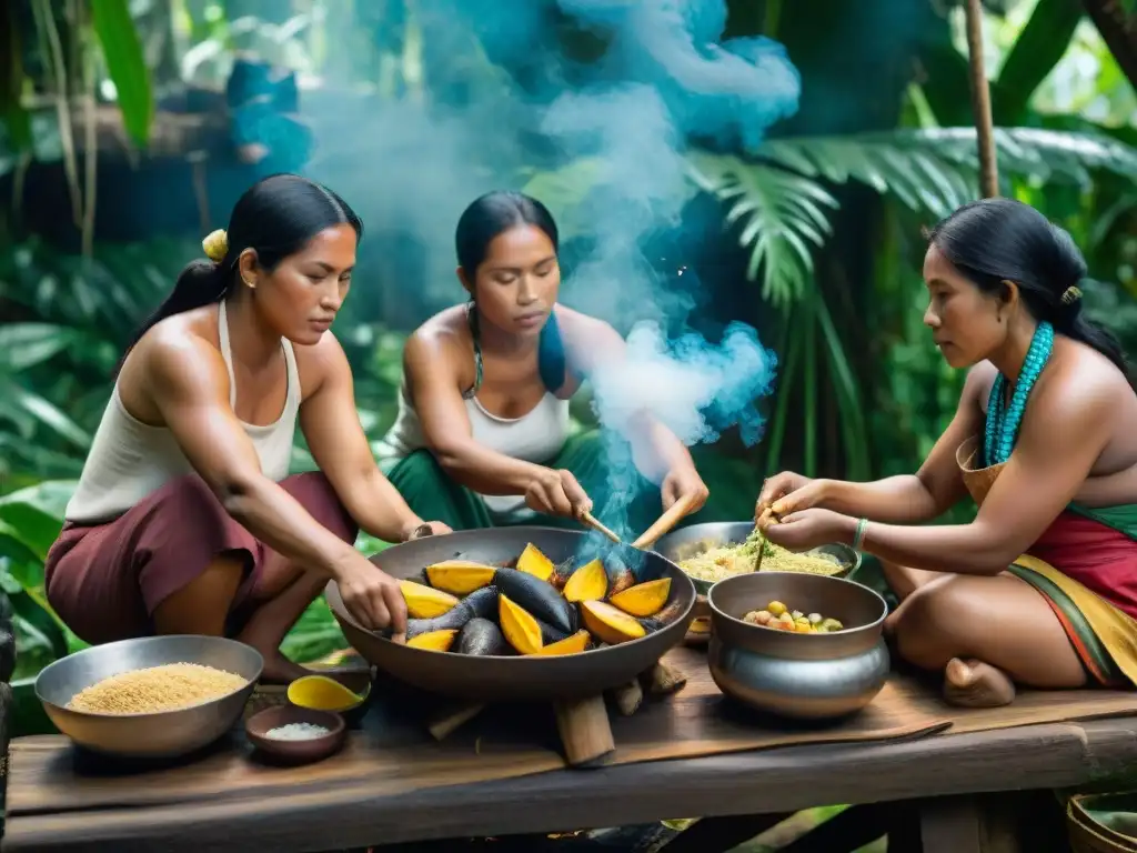 Un grupo de mujeres indígenas amazónicas preparando platos tradicionales en cocina al aire libre rodeadas de ingredientes locales