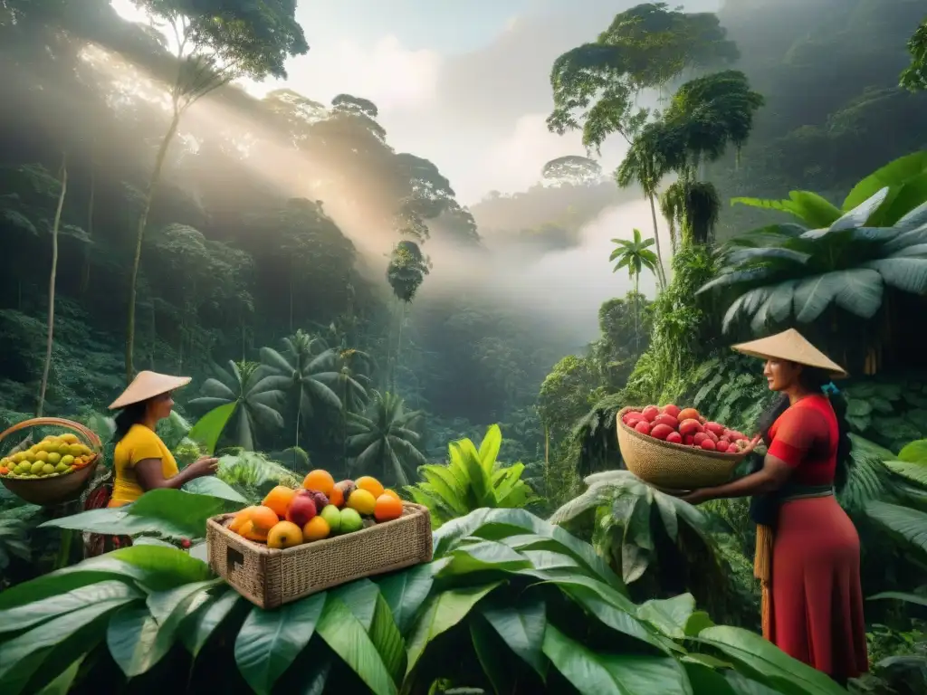 Grupo de mujeres indígenas amazónicas recolectando frutas frescas en la selva, mostrando sus vestimentas tradicionales y cestas tejidas