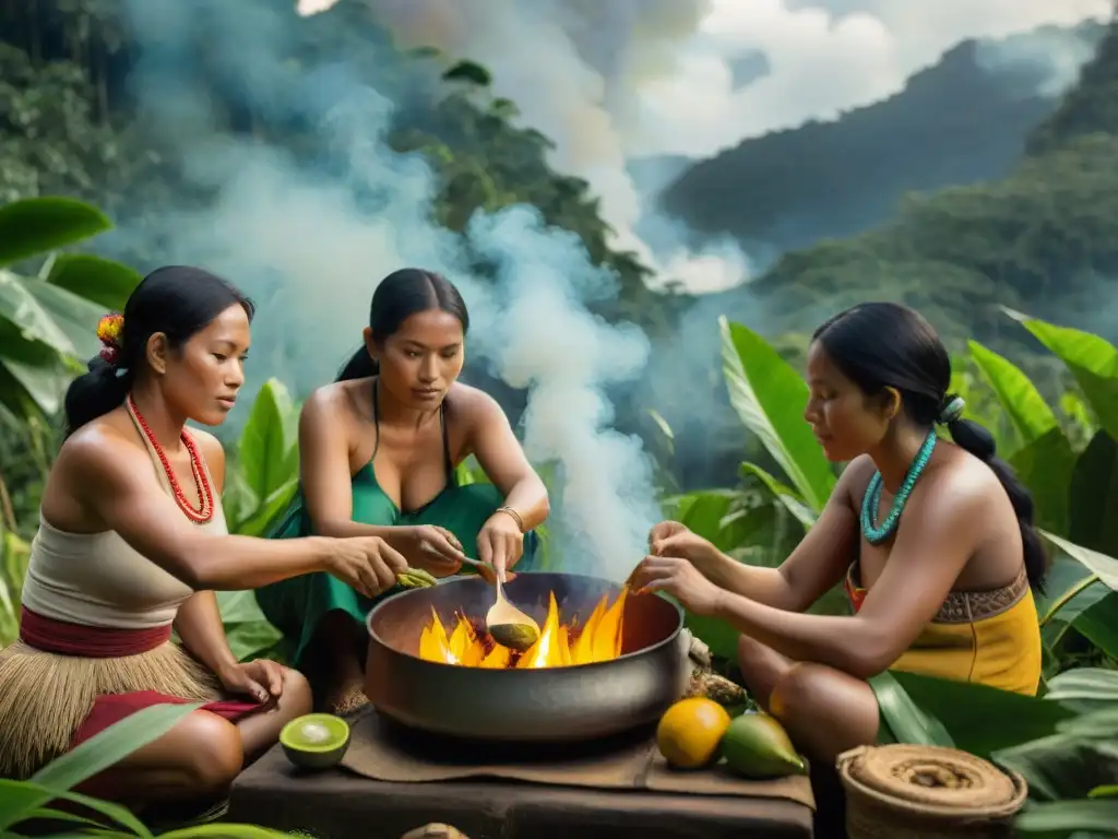 Un grupo de mujeres indígenas amazónicas preparan ingredientes en una cocina al aire libre rodeadas de exuberante vegetación