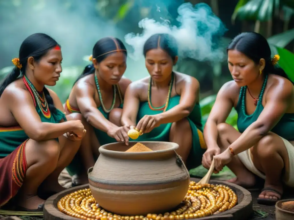 Grupo de mujeres indígenas amazónicas preparando chicha en la selva del Perú