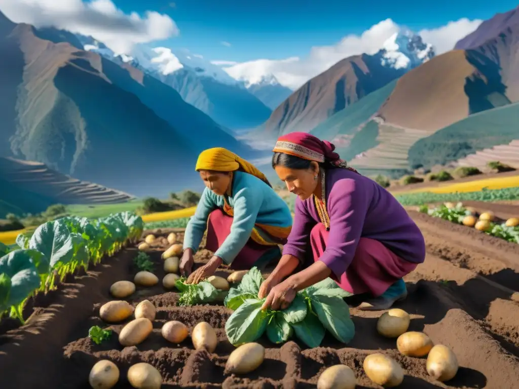 Un grupo de mujeres indígenas andinas cosechando papas moradas y amarillas en terrazas de montaña