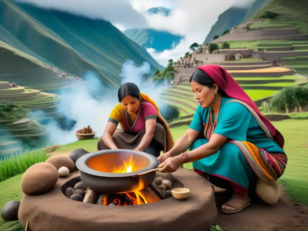 Un grupo de mujeres indígenas en atuendos coloridos preparando una Huatia en la tierra, entre paisajes andinos vibrantes