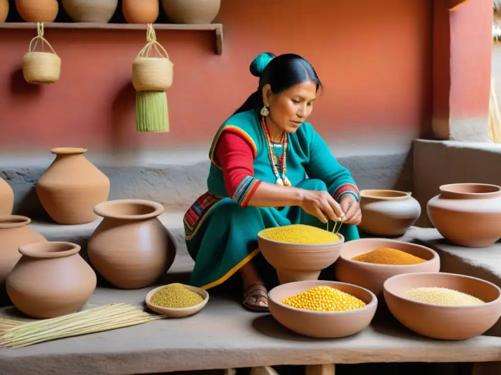 Un grupo de mujeres indígenas preparando chicha en chombas, resaltando la historia de bebidas peruanas autóctonas