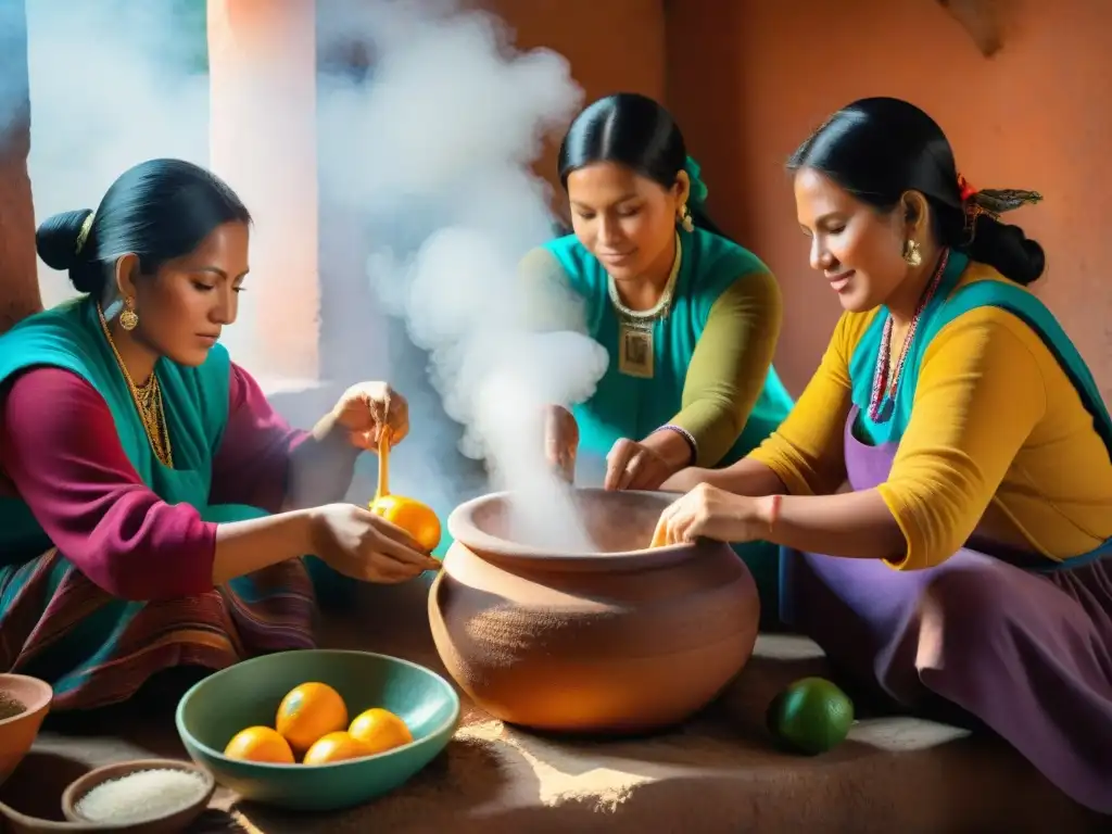 Un grupo de mujeres indígenas preparando con destreza y tradición el auténtico refresco de aguajina peruano en una cocina colorida y detallada