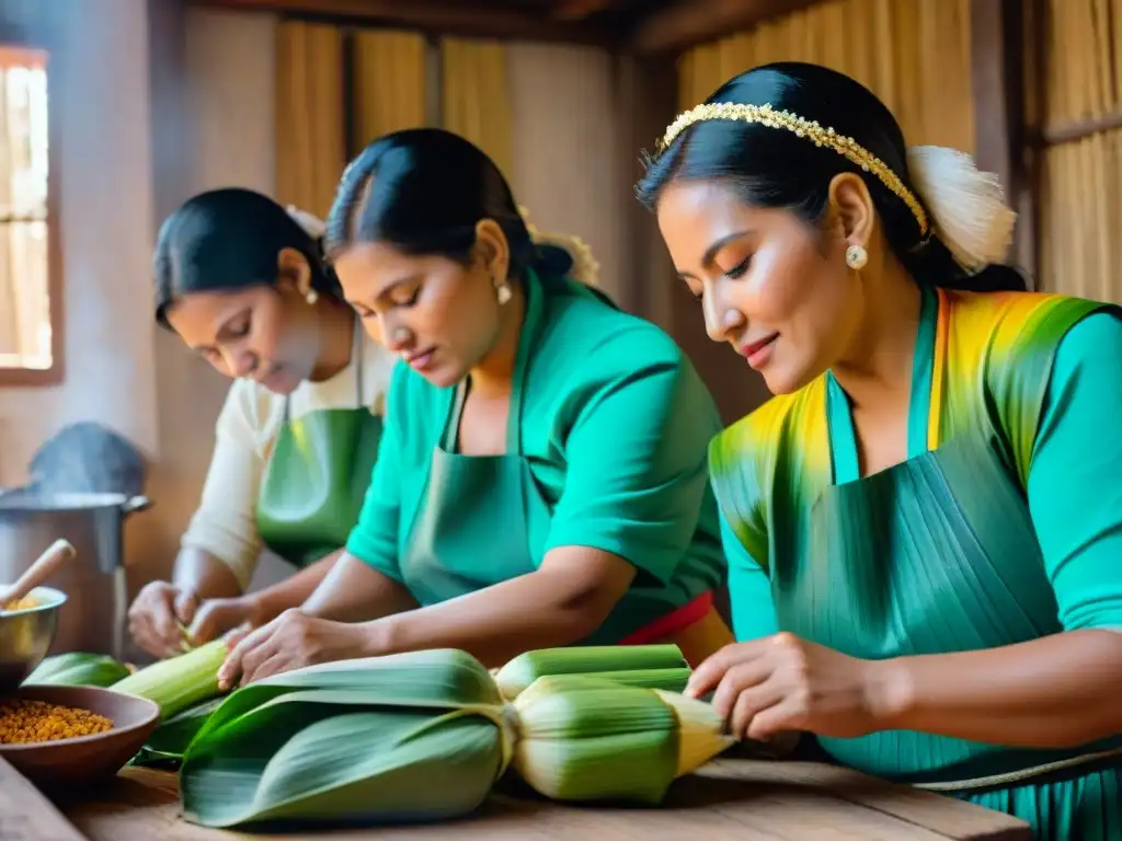 Un grupo de mujeres indígenas peruanas elaborando tamales verdes con sabiduría culinaria y tradición