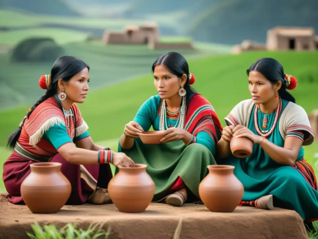 Un grupo de mujeres indígenas peruanas elaborando Cerveza de Jora en potes de barro, rodeadas de campos verdes y ruinas antiguas