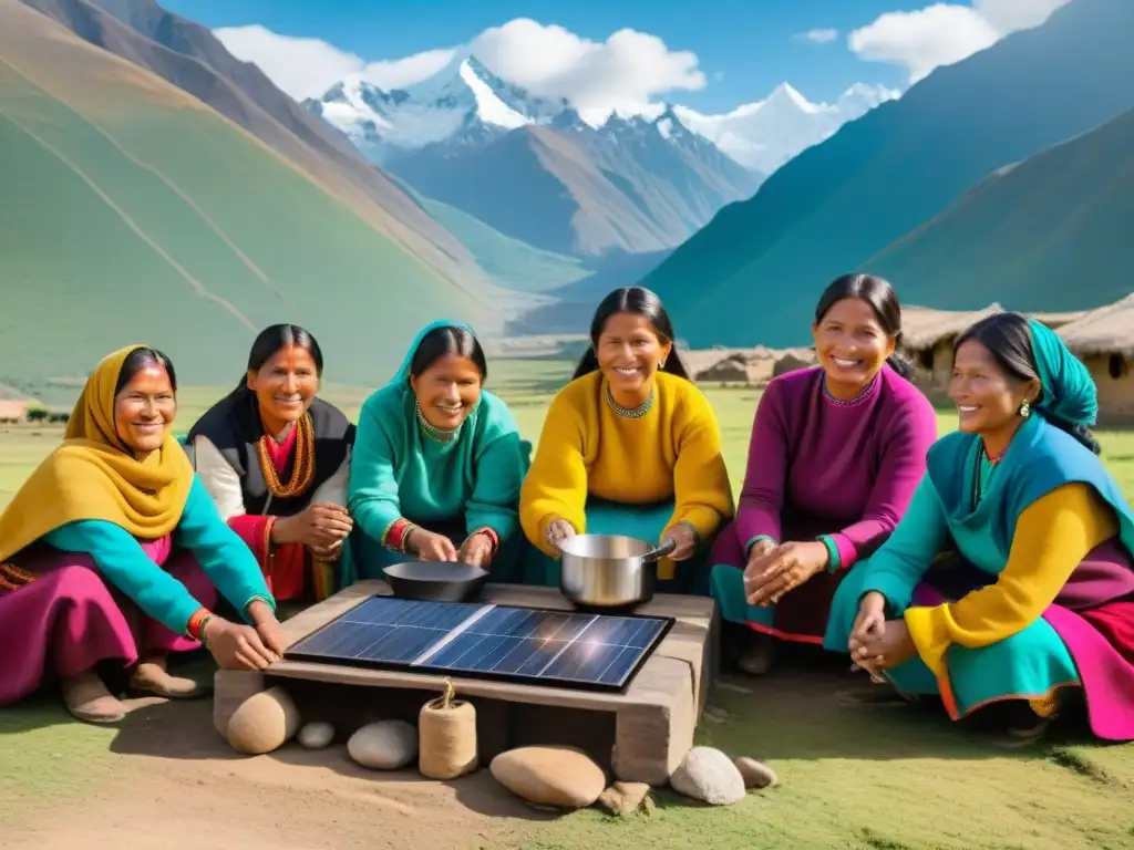 Grupo de mujeres indígenas peruanas cocinando con cocinas solares sostenibles en un pueblo rural de los Andes