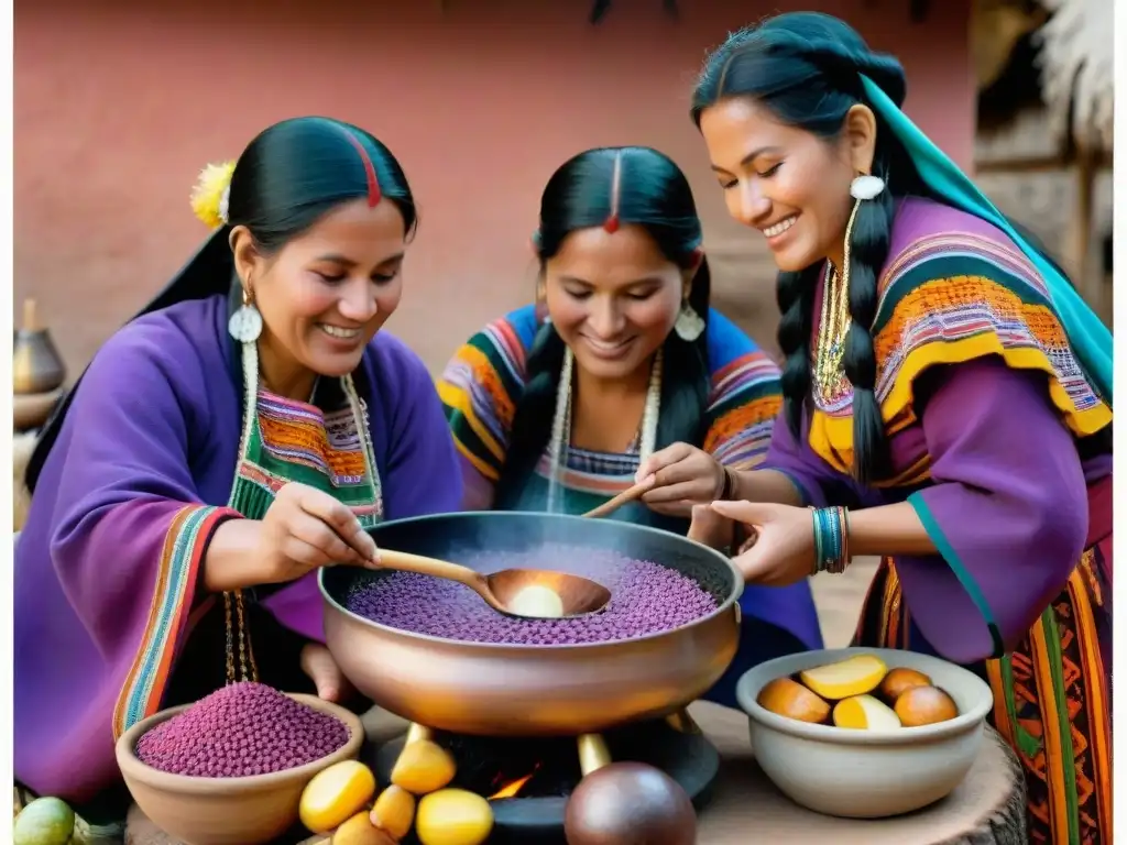 Un grupo de mujeres indígenas peruanas preparando Chicha Morada tradicional receta en una cocina rústica, rodeadas de ingredientes coloridos